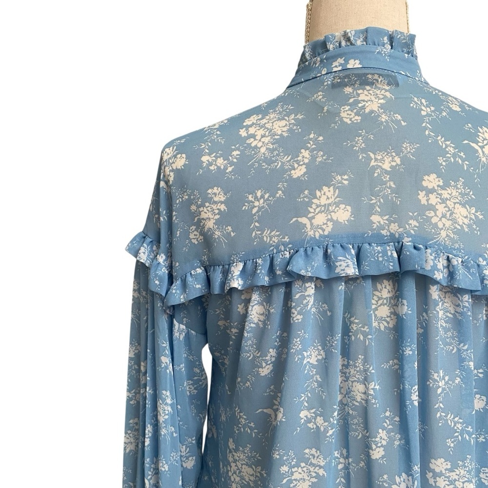 Zara Blue Floral Ruffle Button Front Blouse Size S - Picture 13 of 16